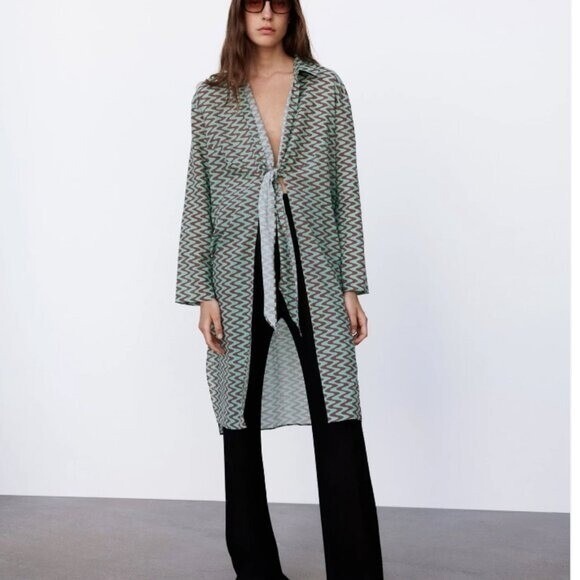 Zara Tops - Zara Printed Tunic Long Sleeve Side Slit Front Tie Closure Retro Size XL